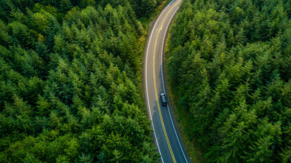 Auto ajaa tietä ympärillä metsää.